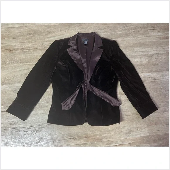 Vintage 90s Espresso Brown Velvet Blazer w/ Satin Shawl Collar & Bow Closure” - Picture 4 of 16